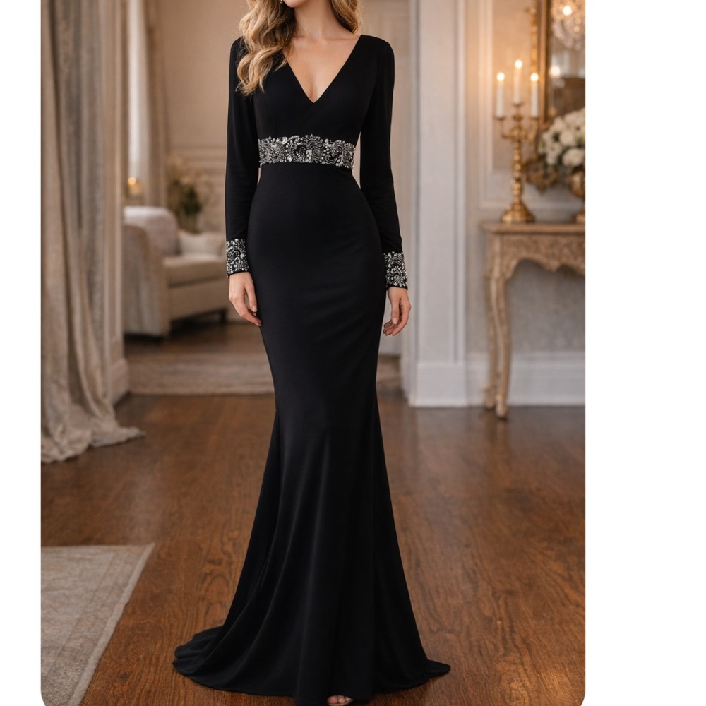 Shail K Black Beaded Cowl Back Gown Long Sleeve Formal Evening Dress